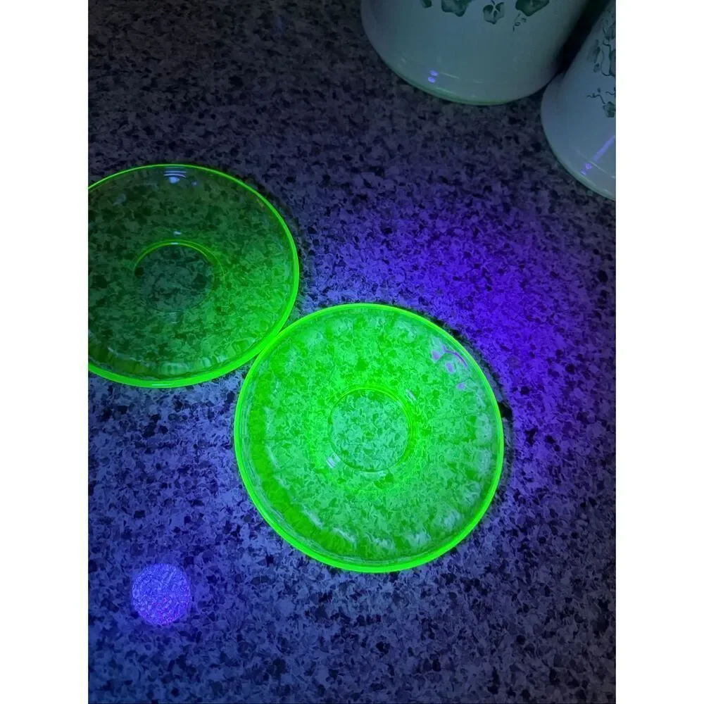 Vintage Federal Green Depression Uranium Glass Saucers Plates 5.5 Inch Set of 2